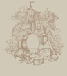Detailed hand drawing on the theme of WINE. Wine barrel, cheeses, grapes on the background of a chateau.