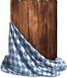 Wooden shield decorated with blue and white fabric. Realistic illustration.