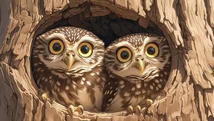 photograph of two cute baby owl birds with big eyes in a tree hollow