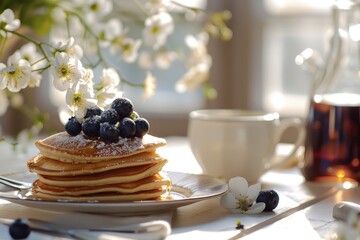 Delicious stack of pancakes on a white plate, perfect for breakfast concept