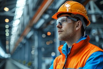 A male engineer in an orange safety vest and blue helmet, gazing thoughtfully at industrial surroundings.