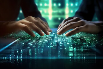 Hands typing on keyboards with cybersecurity data backdrop