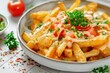 Delicious bowl of fries with savory sauce and fresh parsley, perfect for food and restaurant concepts