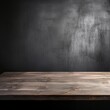 Abstract background with a dark silver wall and wooden table top for product presentation, wood floor, minimal concept, low key studio shot