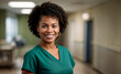 Portrait of afro american female nurse working in hospital. Copy space. AI generative