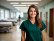 Portrait of caucasian female nurse working in hospital. Copy space. AI generative