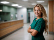 Portrait of a young caucasian female nurse working in hospital. Copy space. AI generative