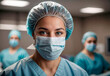 Close Up Portrait of a Beautiful Female Doctor or Surgeon Wearing Protective Face Mask and Disposable Surgical Cap on a operating room. AI generative