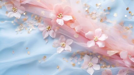 Poster - AI generated illustration of elegantly adorned blue and pink silk fabric with floral patterns