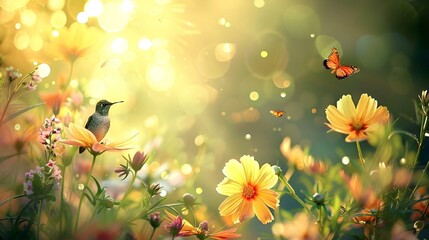 Poster - AI generated illustration of a hummingbird near a tiny flower in the backdrop