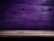 Abstract background with a dark violet wall and wooden table top for product presentation, wood floor, minimal concept, low key studio shot