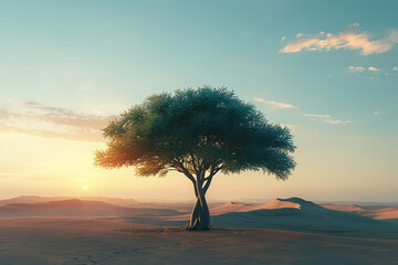  A solitary tree standing in the midst of a vast desert, representing resilience and the inner journey towards achieving nirvana