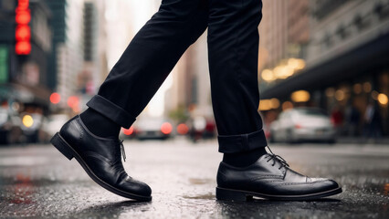 Wall Mural - photo of men's legs against the background of a city street. business district. brooks by costum. leather shoes