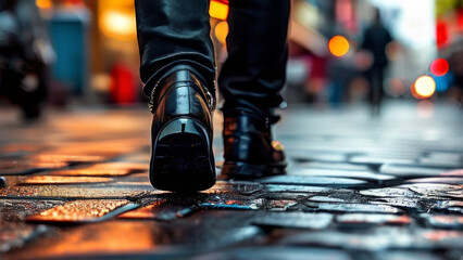 Wall Mural - photo of men's legs against the background of a city street. business district. brooks by costum. leather shoes