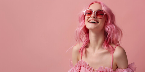 Wall Mural - happy woman with pink hair in pink sunglasses and pink dress over pink background with copy space