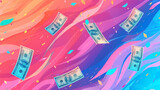Fototapeta  - Vector illustration of a colorful background with flying dollar bills..