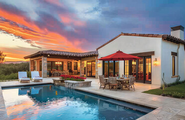 Wall Mural - the backyard and pool area at sunset in Arizona, featuring an elegant house with traditional stucco walls, dark windows, light wood accents, stone fire pit, red umbrella, outdoor dining table, lawn ch