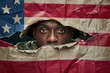 African American soldier peeking out from behind the torn edge of American flag paper, isolated on American flag background