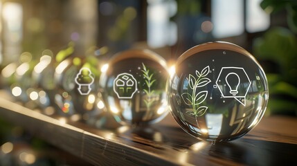 Sustainability and green business concepts are represented through icons on crystal balls, emphasizing renewable energy and CO2 emission reduction