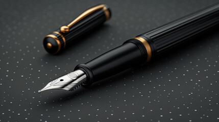 Sticker - A fountain pen with a gold nib and black ink on top of a table, AI