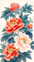 Wall Mural - National trend peony flower, Chinese style meticulous peony flower illustration