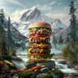 Un gigantesque hamburger avec des montagnes en arrière-plan, photo publicitaire réaliste dans un style cinématographique.