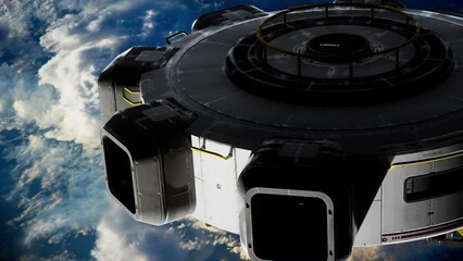 Wall Mural - cutting-edge facility built with metal and glass, resembling a spacecraft, rotating in orbit around 