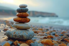 A Stack Of Smooth, Wet Rocks Balanced On A Beach With The Ocean In The Background.
