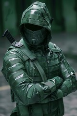 Wall Mural - A man in a green suit with black mask and gloves, AI