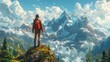 Young cartoon backpacker admiring the view from a mountain peak, eagle flying overhead