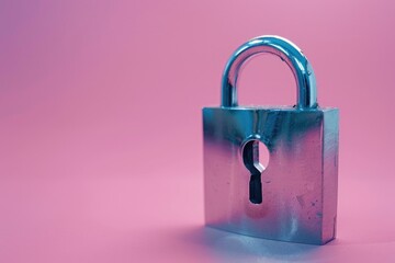 Poster - A metal padlock with a key on a pink background. Perfect for security concepts