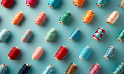Poster - A colorful array of yarns are laid out on a blue background. yarns are of various colors and sizes, creating a vibrant and lively scene. Different colorful sewing threads on teal background, flat lay