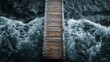 A wooden pier is seen from above as it crosses a body of water, AI