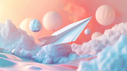 Poster - A cute paper airplane flying through an abstract 3D environment  AI generated illustration