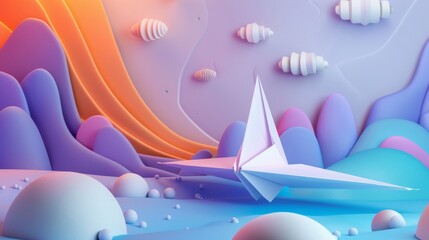 Poster - A cute paper plane flying through an abstract 3D environment  AI generated illustration
