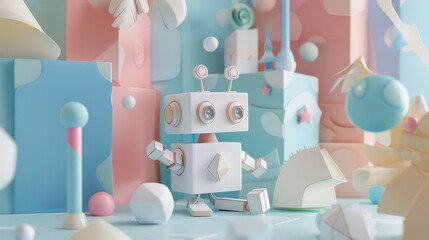 Poster - A cute paper robot interacting with abstract shapes in a 3D world  AI generated illustration