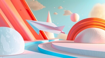 Poster - A cute paper plane flying through an abstract 3D environment  AI generated illustration