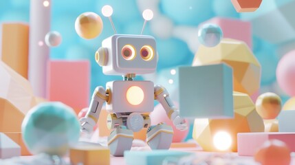 Poster - A cute paper robot interacting with abstract shapes in a 3D world  AI generated illustration