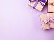 Gift boxes with ribbon on lavender background, flat lay, banner with copy space for photo text or product, blank empty copyspace