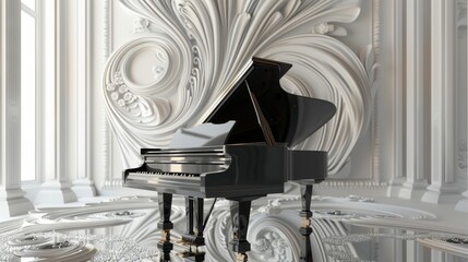 Poster - A detailed 3D render of a grand piano surrounded by graceful swirls  AI generated illustration