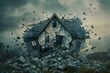 A house is destroyed by a huge rockfall. The house is in ruins and the sky is dark and cloudy