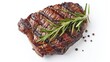 A juicy piece of steak garnished with a fresh sprig of rosemary. Ideal for food and cooking concepts
