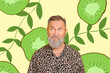 Composite photo collage of upset depressed old man wear leopard shirt kiwi tropical fruit sour vitamin detox isolated on painted background