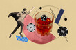 Creative collage image picture young superhero man whiskey beverage drink alcoholic liquid dice chips combination drawing background