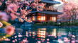 Serene Japanese landscape with cherry blossoms