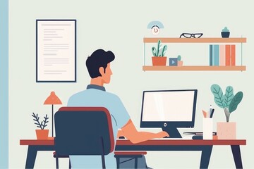 Poster - a man focused on work at his computer desk, suitable for business concepts