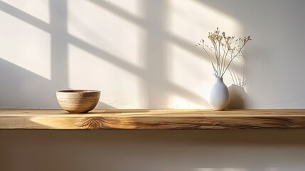 Canvas Print - A wooden shelf with a vase and some dried flowers, AI