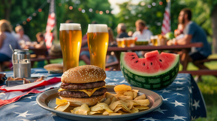 Fourth of July Cookout Party with food and drinks in the foreground and people celebrating