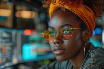 Poster - a woman with bright turban working attentively on a computer in a modern office at night
