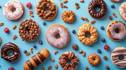 Wall Mural - A variety of different donuts are on a blue background, AI